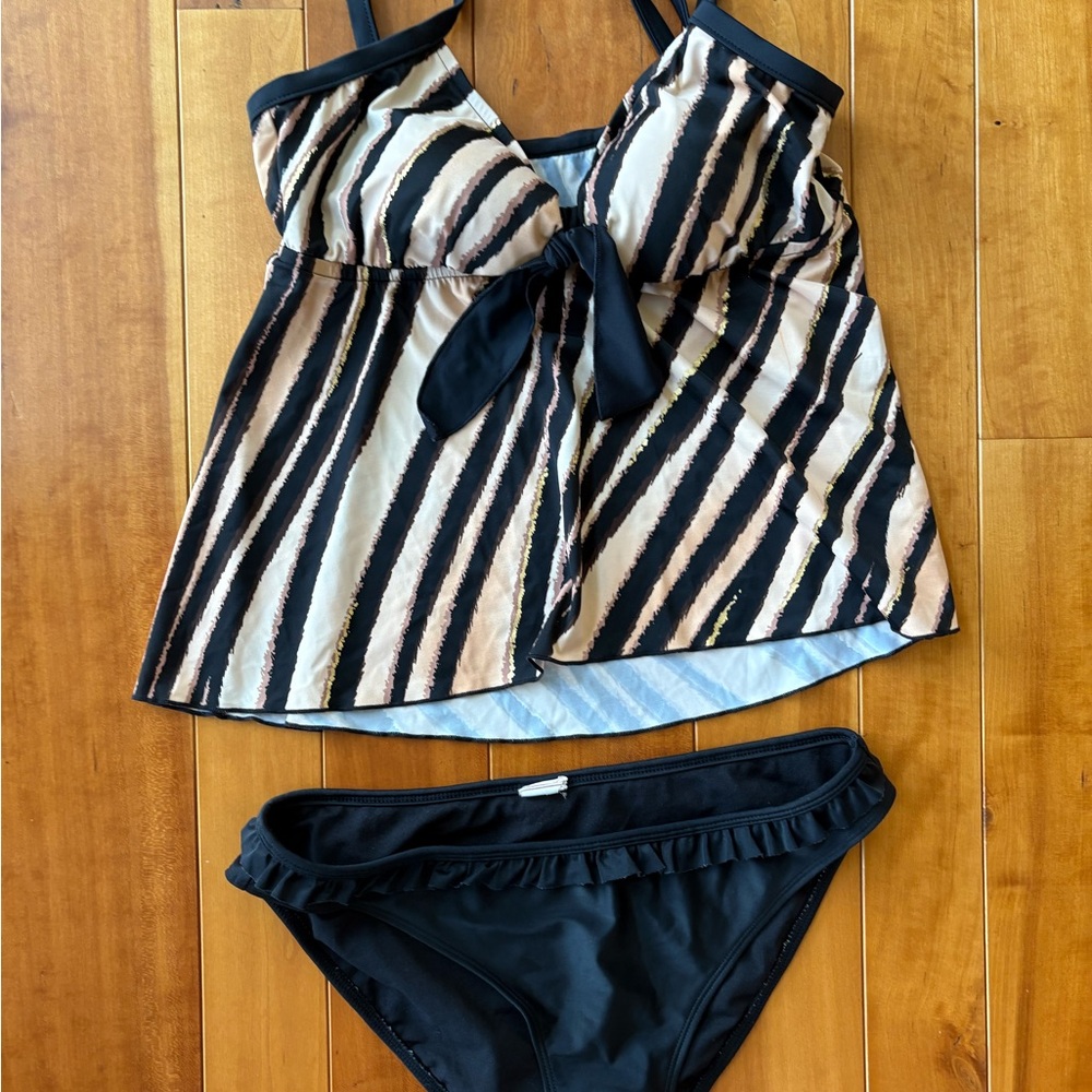 Maxine of Hollywood Black and Cream Striped Bikini